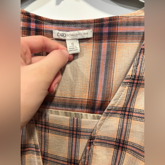 Cato A Line Dress Size SM Tan Multi Plaid Tiered Stretch 3/4 Sleeve Boho Mini - Picture 3 of 4